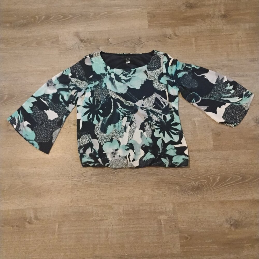 ALFANI Abstract Floral Bell Sleeve Blouse Top | Navy Mint Green Size 10